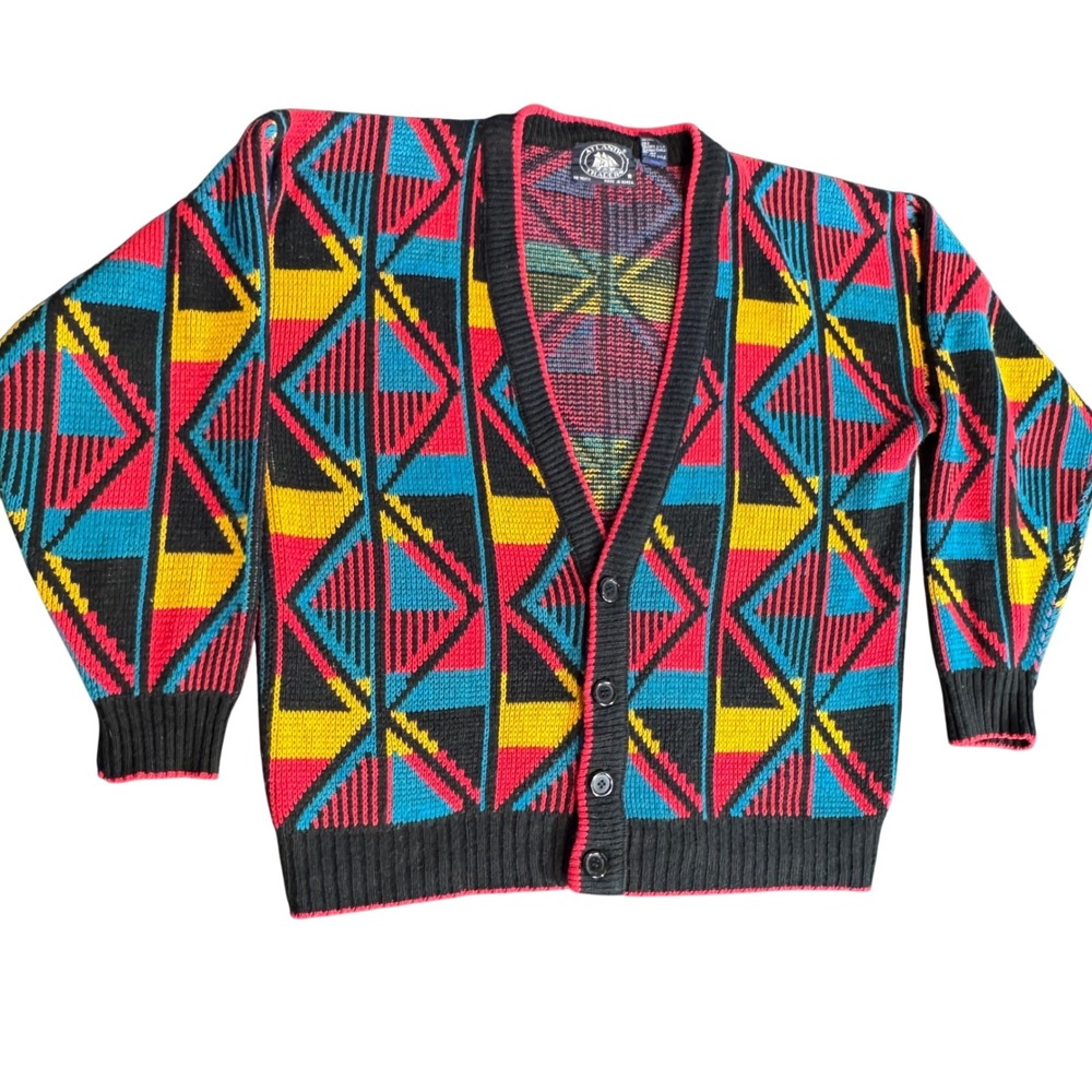 Atlantic Traders Vintage Geometric Cardigan Sweater‎ Mens Medium Multicolor 80s